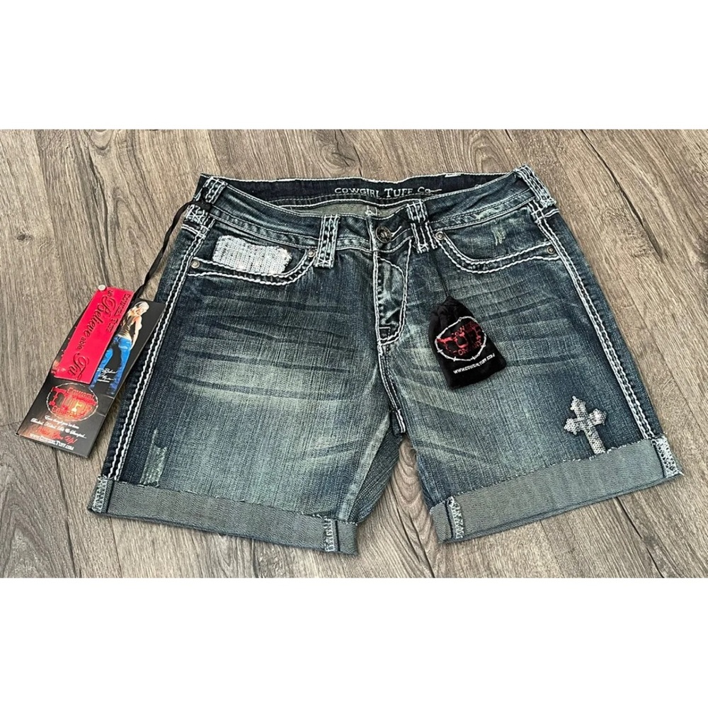COPY - COWGIRL TUFF CO Womens Size 28 Crosses Shimmer Blue Denim Shorts NWT